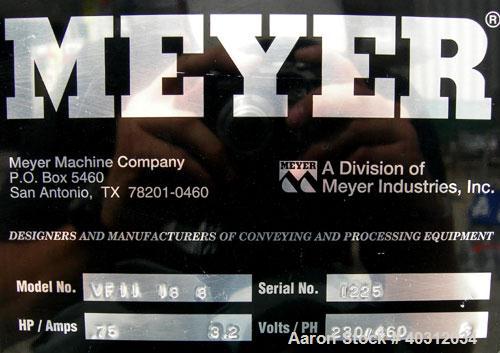 Used Meyer Machine Vibraflex II vibratory conveyor, model VF11-18-8, 304 stainless steel. 18" wide x 92" long x 4 1/2" tall sides. 60" long 1/4" hole screen area, end fines and overs discharge. Drive...
