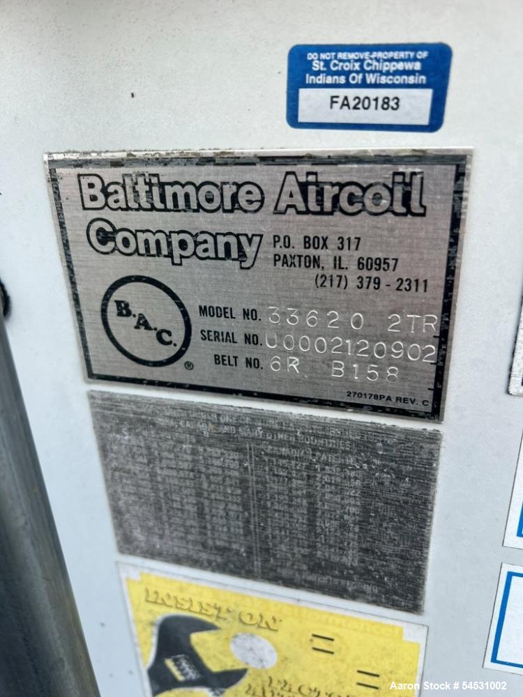 Used BAC Baltimore AirCoil 3000 Series Cooling Tower, Model 33620-2TR. 3,600 USGPM of water from 95 degrees F to 85 degrees F entering air wet bulb temperature and 6.45 psi fluid pressure drop. Fan d...