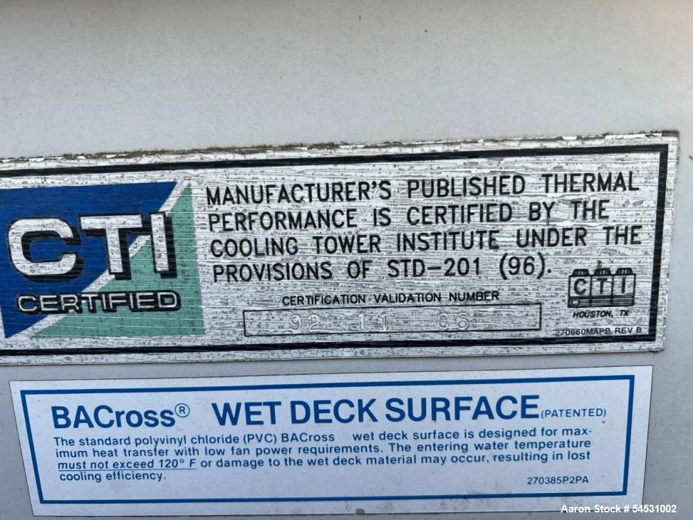 Used BAC Baltimore AirCoil 3000 Series Cooling Tower, Model 33620-2TR. 3,600 USGPM of water from 95 degrees F to 85 degrees F entering air wet bulb temperature and 6.45 psi fluid pressure drop. Fan d...