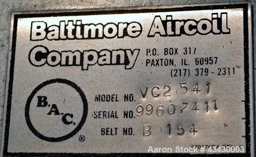 Used Baltimore Aircoil BAC Series V Evaporative Condenser, Nominal 541 Tons, Model VC2-541. Galvanized steel housing. Dual axial fan, each approximate 60" diameter, both driven by a 30hp, 3/60/208-23...