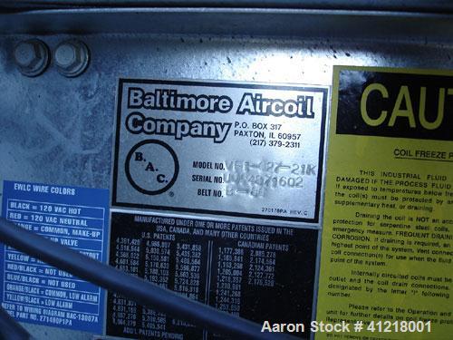 Used BAC 35 Ton Series V Closed Circuit Cooling Tower, Model VFI-027-21K. Mfg 2006. 208V, 60 hz, 3 phase. Dry type fluid cooler, 3 cooling tower fans, 15 hp, belt drive. Design wet bulb temperature 6...