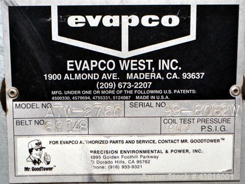 Used Evapco Closed Circuit Cooling Tower, Model ATW 276C. Nominal capacity 1066 tons. Galvanized steel housing, 304 stainless steel basin. Unit designed to cool 1600 gallons per minute from 95 degree...