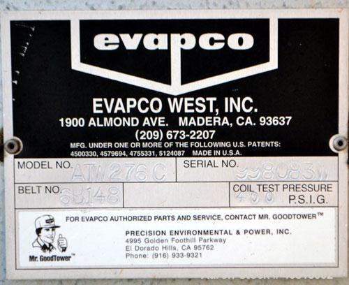 Used Evapco Closed Circuit Cooling Tower, Model ATW 276C. Nominal capacity 1066 tons. Galvanized steel housing, 304 stainless steel basin. Unit designed to cool 1600 gallons per minute from 95 degree...