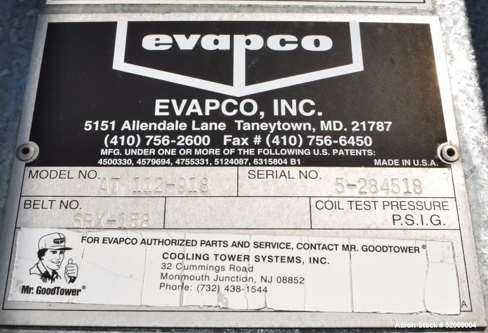 Used- Evapco Cooling Tower, Model AT-112-918, Nominal Tonnage 785, Serial# 5-284518. With control panel & Allen-Bradley driv...