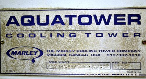 Used Marley Series 3800 Aquatower Single Cell Cooling Tower, Model 3842, Approximately 60 Nominal Tons. Fiberglass housing. Approximately 42” diameter fan, driven by an a 3hp, 3/60/230/460 volt, 1730...