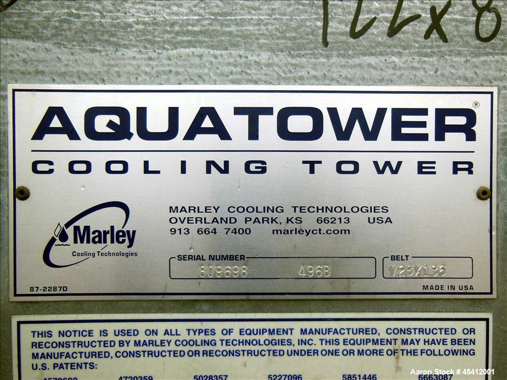 Used Marley Aquatower Single Cell Cooling Tower, Model 496B. Approximately 126 nominal tons, galvanized steel housing. Designed to cool 400 gallons per minute at 102 degrees F hot water, 87 degrees F...