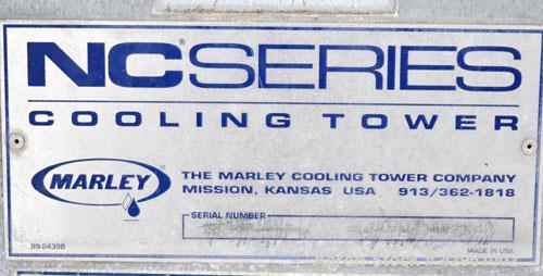 Used Marley NC Series Single Cell Cooling Tower, 180 Ton, Model NC1021CM. Galvanized steel housing, stainless steel bottom pan. 72’’ Diameter fan, driven by a 10hp, 3/60/230/460 volt, 1735 rpm motor.