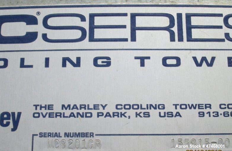 Used Marley Cooling Tower, Model NC 9201. 1200 gallons per minute of cooling water from 57 degrees F to 48 degrees F. Nominal rating 673 tons. Marley series 22.3 gear reducer, reduction ratio 6.12/1....