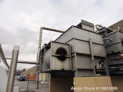 Used Mojonnier Cooling Tower, 180 ton, model AEC149.  Galvanized housing with super heater for additional refrigeration capacity.  Side mounted twin fans.