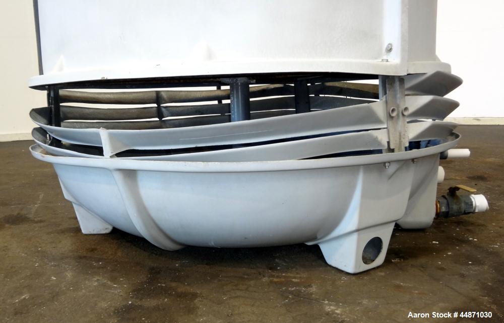 Used Thermal Care FT Series Cooling Tower, Fiberglass Construction. Cooling capacity 22 tons, nominal 66 gallons per minute. Includes an approximate 24" diameter top mounted fan, driven by a 1hp, 3/6...