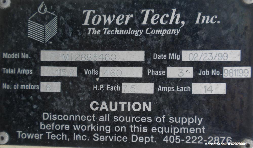Used Tower Tech Modular Cooling Tower, approximately 2000 tons, model TTEF-288-319, fiberglass construction. Triple cell unit. Total 6000 gallons per minute, HWT-95.00, CWT-85.00, WBT-78.00. Includes...