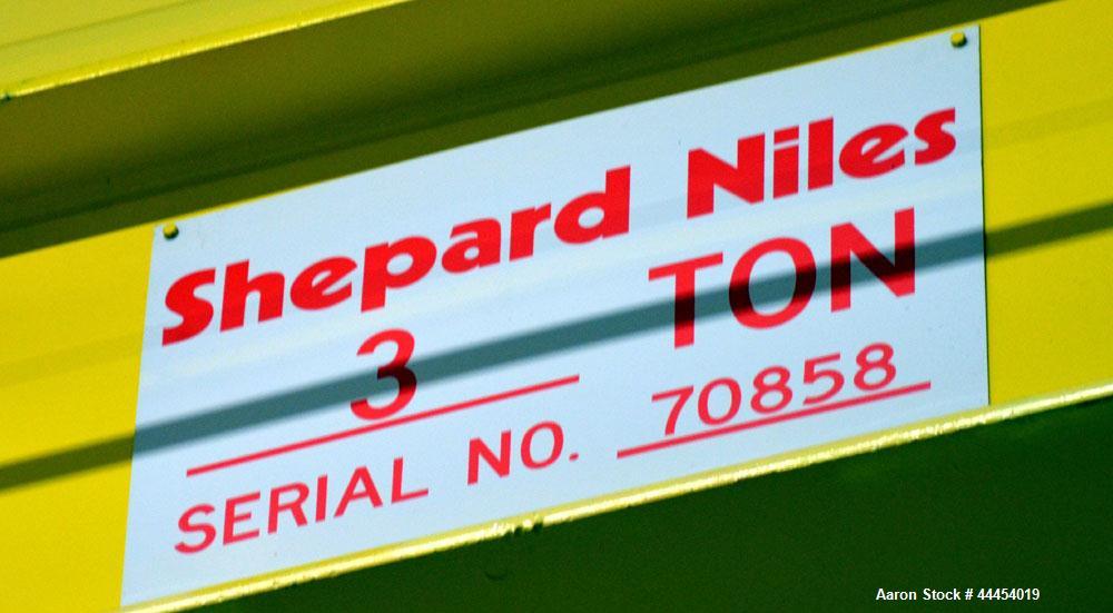 Used Shepard Niles 3 Ton Bridge Crane. Includes trolley, and hoist. Approximate 58' span. Serial# 70858.