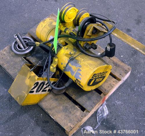 Used Jib Crane, Free Standing, Floor Mounted. Approximate height 9”, approximate span 12’. Includes a Budgit 1 ton electric chain hoist, model 115846-7, catalog # K356-3R, rated load speed 16 feet pe...