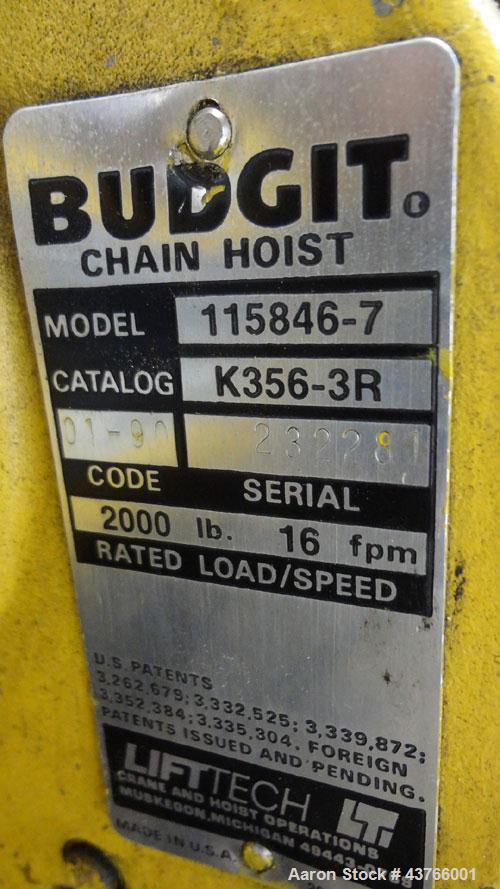 Used Jib Crane, Free Standing, Floor Mounted. Approximate height 9”, approximate span 12’. Includes a Budgit 1 ton electric chain hoist, model 115846-7, catalog # K356-3R, rated load speed 16 feet pe...