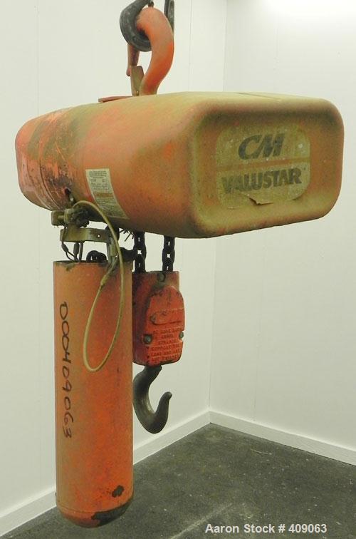 Used CM (Columbus McKinnon) Valustar 2 Ton Electric Chain Hoist, Model WR.  8 Feet per minute, 10’ lift height, headroom 22-1/2’’.  Driven by a 1 hp, 3/60/440-480 volt motor.  Unit requires operator ...