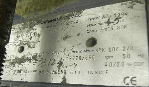 Used Demag 1/2 Ton Hoist, Chain 5 x 15. .85 KW, 3/50/415 Volt, 2770/665 RPM. Includes button controls.