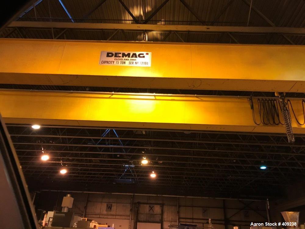 Used Demag Overhead Bridge Crane, 15 Ton. Dual 7.5 Ton trolleys. 92' Span.