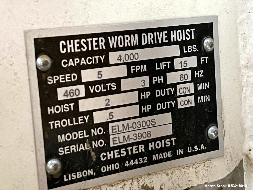Used Chester ELM-0300S Worm Drive Hoist – 2 Ton Capacity | 5 FPM | 15' Lift | Industrial Lifting Solution