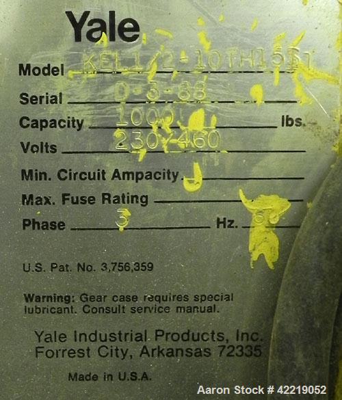 Used Yale 1/2 Ton Chain Hoist, model KEL1/2-10TH15S1. Driven by a 1 hp, 3/60/230/460 volt, 1700 rpm motor.