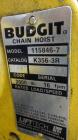 Used Jib Crane, Free Standing, Floor Mounted. Approximate height 9”, approximate span 12’. Includes a Budgit 1 ton electric chain hoist, model 115846-7, catalog # K356-3R, rated load speed 16 feet pe...