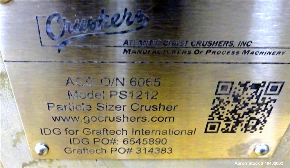 Used- Atlantic Coast Crushers Inc. Particle Sizer Crusher, Model PS1212. Approximate 12" long x 8" diameter rotor, carbon st...