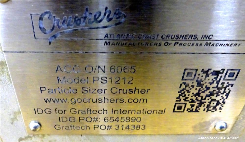 Used Atlantic Coast Crushers Inc. Particle Sizer Crusher, Model PS1212. Approximate 12" long x 8" diameter rotor, carbon steel with (16) bolt-on cutters. 304 Stainless steel chamber with 12" x 12" fe...