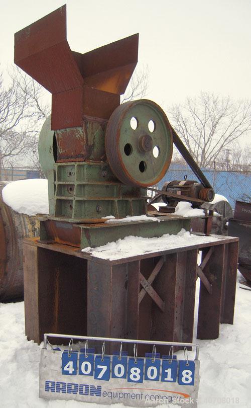 Used Denver Equipment Company 8 x 10 Jaw Crusher, Type H, carbon steel. Top feed with  hopper, bottom discharge. Driven by a 10 hp, 3/208-230/460, 1760 rpm motor. Mounted on a 45" tall stand for bott...
