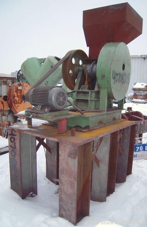 Used Denver Equipment Company 8 x 10 Jaw Crusher, Type H, carbon steel. Top feed with  hopper, bottom discharge. Driven by a 10 hp, 3/208-230/460, 1760 rpm motor. Mounted on a 45" tall stand for bott...