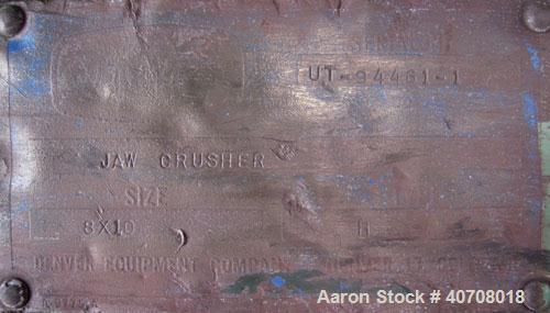 Used Denver Equipment Company 8 x 10 Jaw Crusher, Type H, carbon steel. Top feed with  hopper, bottom discharge. Driven by a 10 hp, 3/208-230/460, 1760 rpm motor. Mounted on a 45" tall stand for bott...