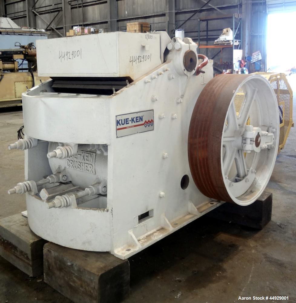 Used Kue Ken Jaw Crusher, Model 10 X 36, Carbon Steel.  Approximate feed 10” x 36”. Capacity in short tons per hour 1” at 32-50, 3” at 95-135.  Requires motor.  RPM range 350-390.