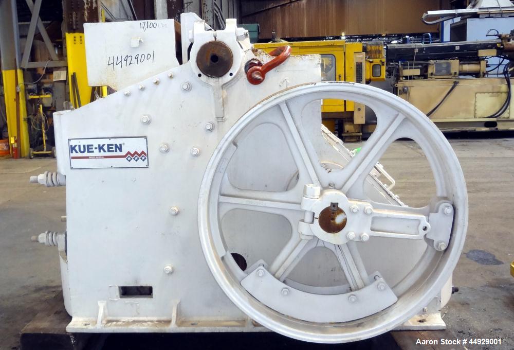 Used Kue Ken Jaw Crusher, Model 10 X 36, Carbon Steel.  Approximate feed 10” x 36”. Capacity in short tons per hour 1” at 32-50, 3” at 95-135.  Requires motor.  RPM range 350-390.