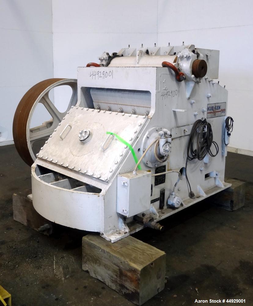 Used Kue Ken Jaw Crusher, Model 10 X 36, Carbon Steel.  Approximate feed 10” x 36”. Capacity in short tons per hour 1” at 32-50, 3” at 95-135.  Requires motor.  RPM range 350-390.