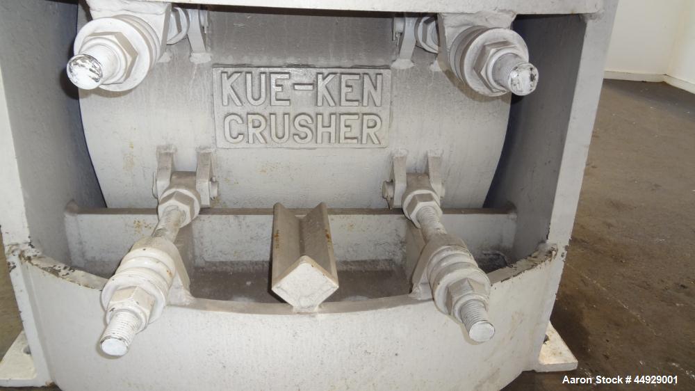 Used Kue Ken Jaw Crusher, Model 10 X 36, Carbon Steel.  Approximate feed 10” x 36”. Capacity in short tons per hour 1” at 32-50, 3” at 95-135.  Requires motor.  RPM range 350-390.