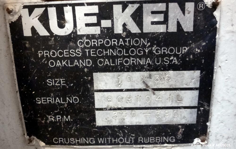 Used Kue Ken Jaw Crusher, Model 10 X 36, Carbon Steel.  Approximate feed 10” x 36”. Capacity in short tons per hour 1” at 32-50, 3” at 95-135.  Requires motor.  RPM range 350-390.