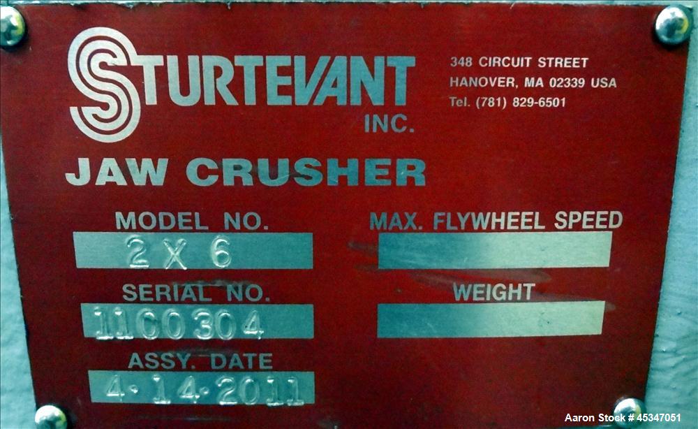 Used Sturtevant Jaw Crusher Model 2X6. Driven by a 2 hp, 208-230-460 volt, 1170