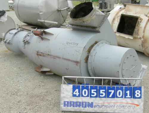 Used Cyclone, carbon steel. Approximately 36" diameter x 46" straight side x 43" coned bottom. Openings: side 16", 16 1/2" x 15"; 6" center bottom outlet. Side access doors.