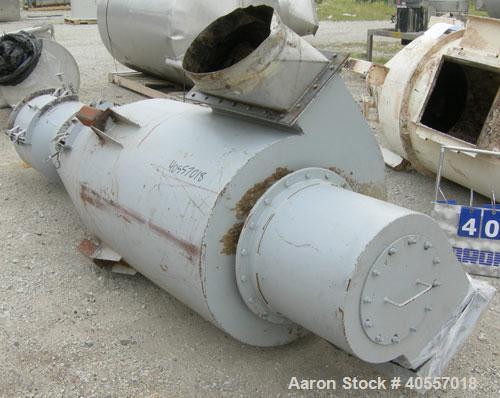 Used Cyclone, carbon steel. Approximately 36" diameter x 46" straight side x 43" coned bottom. Openings: side 16", 16 1/2" x 15"; 6" center bottom outlet. Side access doors.