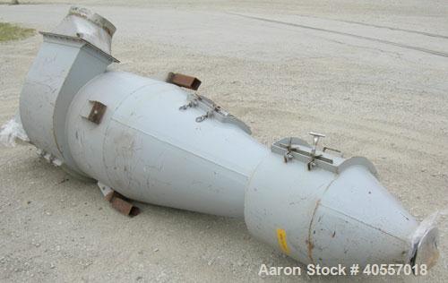 Used Cyclone, carbon steel. Approximately 36" diameter x 46" straight side x 43" coned bottom. Openings: side 16", 16 1/2" x 15"; 6" center bottom outlet. Side access doors.