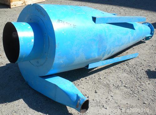 Used Cyclone, Carbon Steel. Approximately 42" diameter x 33" straight side x 67" coned bottom. 5" Air inlet, 9" center bottom outlet, 16-1/2" top air outlet with a 4 sock filter system.