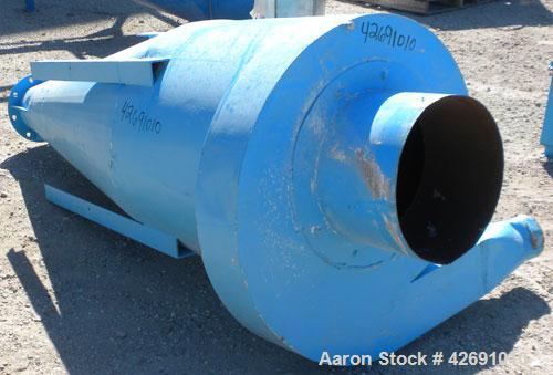 Used Cyclone, Carbon Steel. Approximately 42" diameter x 33" straight side x 67" coned bottom. 5" Air inlet, 9" center bottom outlet, 16-1/2" top air outlet with a 4 sock filter system.