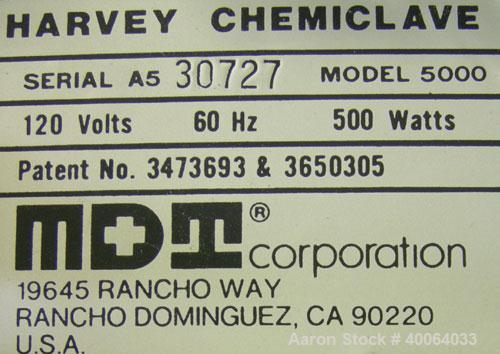 Used MDT Corp Harvey Chemiclave model 5000.  6" diameter x approximately 12" deep chamber with removable tray.  500 watts, 60 Hz, 120 volt.  0-20 minute timer.  UL listed.  Serial # - A530727.