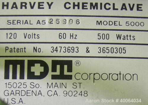 Used MDT Corp Harvey Chemiclave Model 5000.  6" diameter x approximately 12" deep chamber with removable tray.  500 watts, 60 Hz, 120 volt.  0-20 minute timer.  UL listed.  Serial # - A525906. 