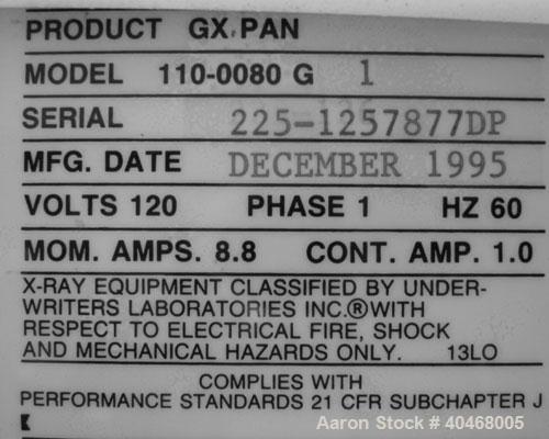 Used Gendex GX Pan X-Ray machine, model 110-0080G. Base mounted with control panel and operator control button. 1/60/120 volt.