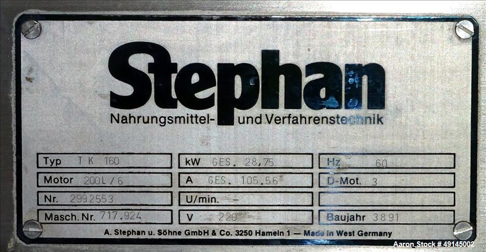 Used Stephan High Speed Mixer, Model TK 160, 304 Stainless Steel.