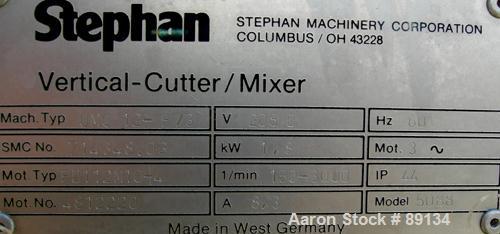 USED: Stephan vertical cutter-mixer, model UMC12-F/3, 304 stainless steel. (1) 12 liter jacketed mixing bowl approximately 12-1/2" diameter x 7" deep. Dished top cover with sightglass. Unit includes ...