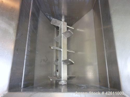 Used Urschel Model 2100 Comitrol Slicer. Urcshel 66755 3K030240U stainless steel cutting head. 30'' Deep stainless steel hopper with 22'' x 30'' infeed opening. Blunt blade horizontal agitator and st...