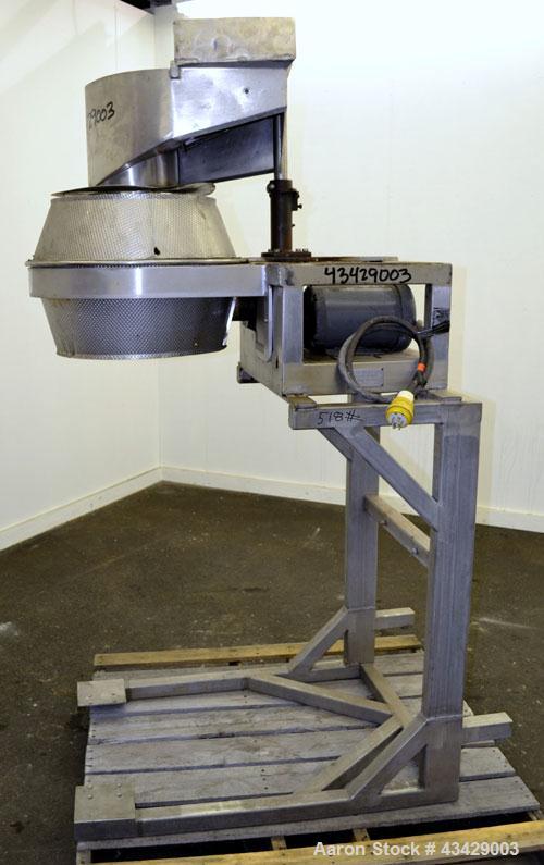 Used Urschel Slicer, Model CC, Stainless Steel. Maximum input product size 3-1/2”. Unit consists of: Swing away feed hopper, upper, and lower discharge chute, bearing housing, and cutting head suppor...