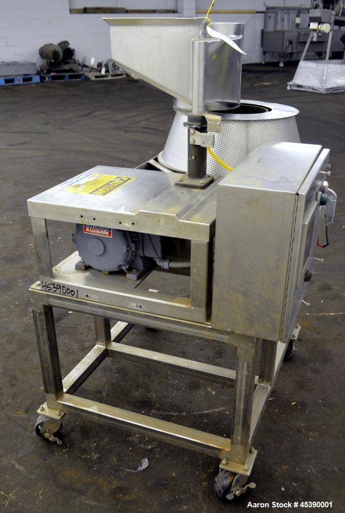Used Urschel Slicer, Model CC, Stainless Steel. Maximum input product size 3-1/2". Unit consists of (1) swing away feed hopper, upper, and lower discharge chute, bearing housing, and cutting head sup...