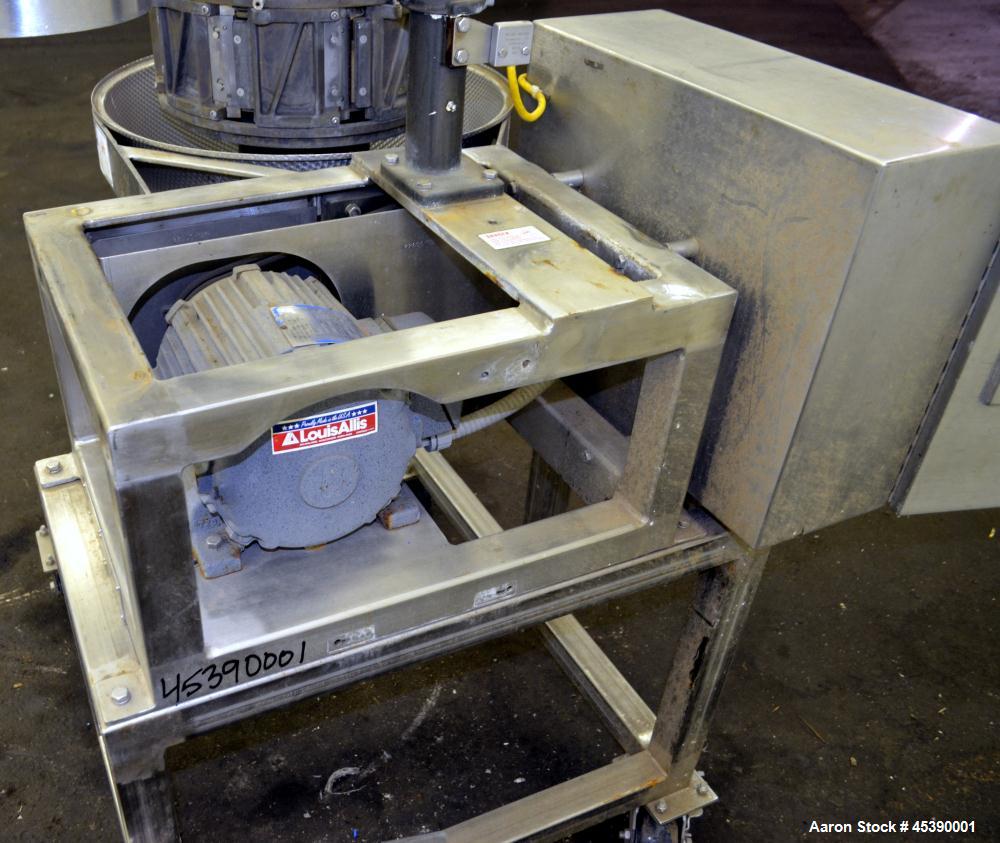 Used Urschel Slicer, Model CC, Stainless Steel. Maximum input product size 3-1/2". Unit consists of (1) swing away feed hopper, upper, and lower discharge chute, bearing housing, and cutting head sup...