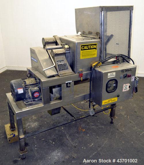 Used Urschel Model G Dicer. Unit is rated to 22,000 lbs per hour. Accepts up to a 5 1/2" diameter product log; utilizes slice, crosscut, and circular knives. Cut thickness range:  slicing blade 1/8" ...